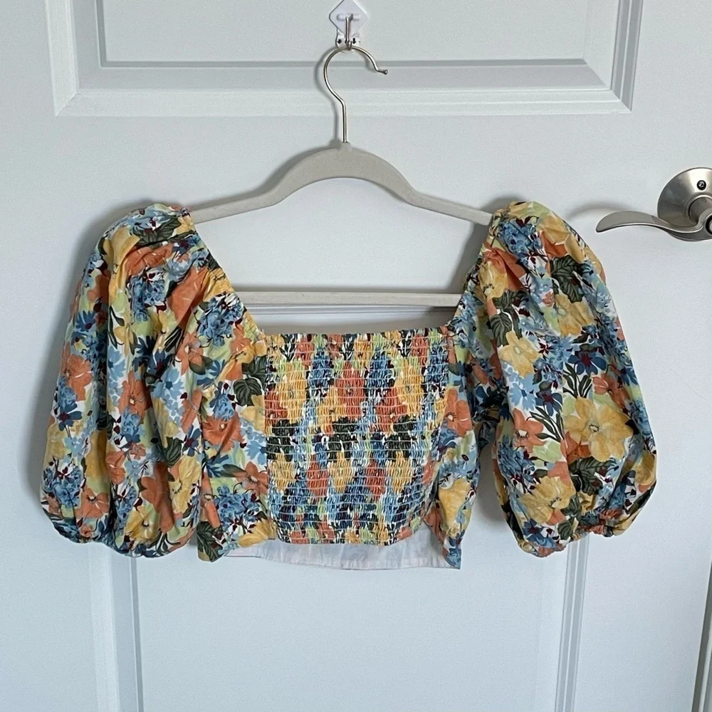 Abercrombie & Fitch Square Neck Ruched Puff Sleeve floral Top 35432